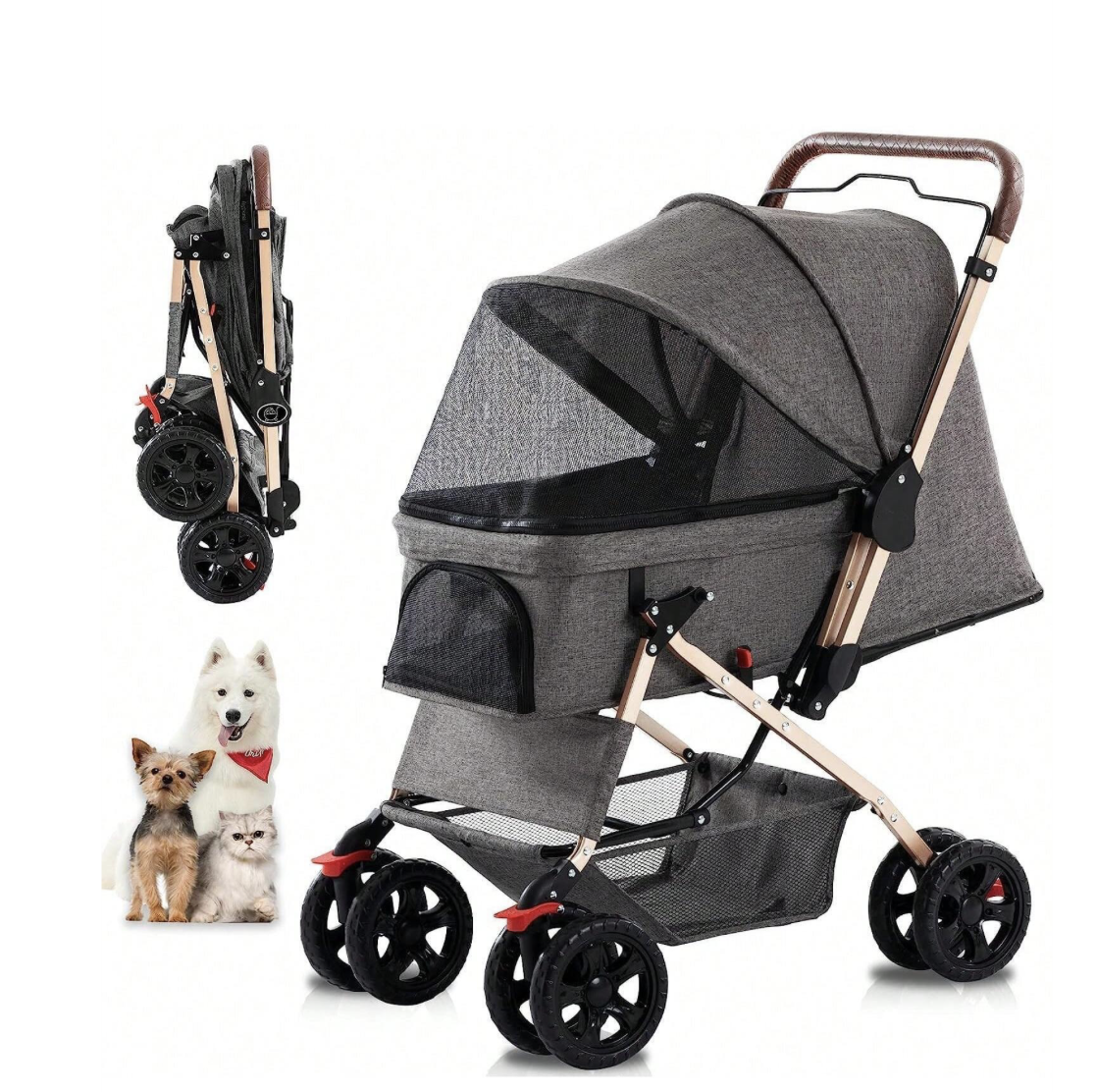4輪ペットカート 小型犬猫用 ストローラー 天候カバー付き、収納バスケット付き