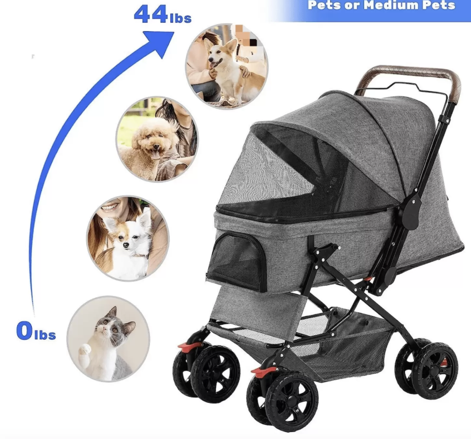 4輪ペットカート 小型犬猫用 ストローラー 天候カバー付き、収納バスケット付き