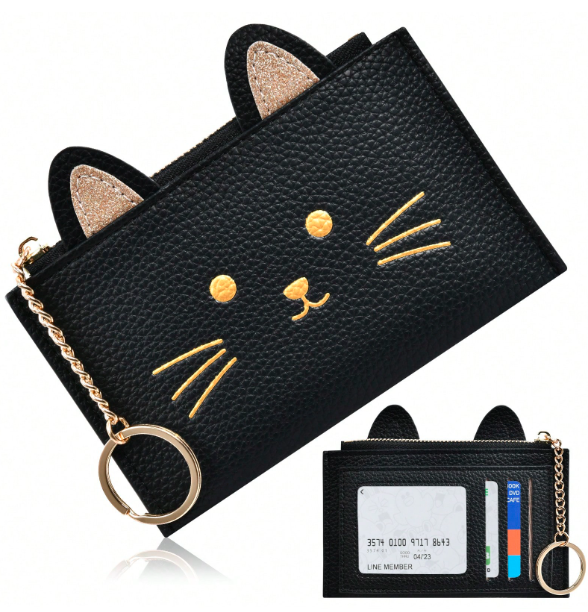 かわいい猫の刺繍入りカードホルダー 小銭入れ 紛失防止 キーホルダー付き ファスナー付き レザー ICカード 猫