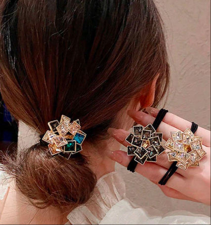 金属調正方形のラインストーンエラスティックヘアタイ、女性のヘアアクセサリー