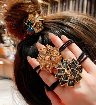 金属調正方形のラインストーンエラスティックヘアタイ、女性のヘアアクセサリー