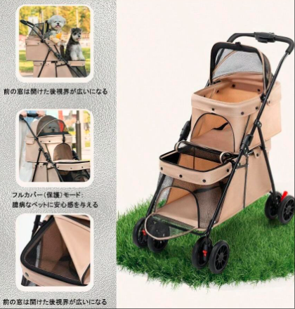折り畳み式 多頭 上下2段式 ペットバギー ワンタッチ 犬用ベビーカー コンパクト 収納便利 4輪 前輪360°回転 後輪ブレーキ付き 