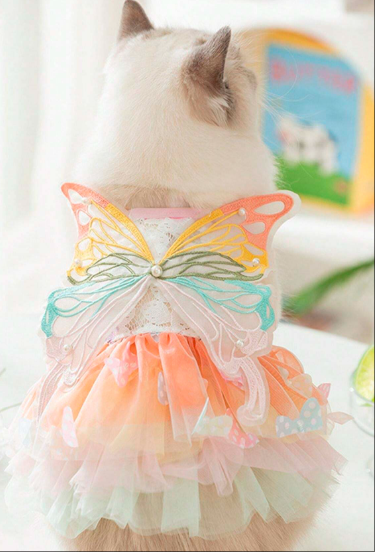 クールでかわいい プリンセスバタフライドッグドレス、メッシュ生地で通気性が良く快適、小型〜中型犬に適してる