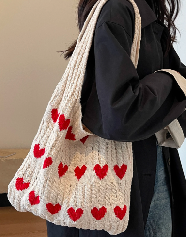 コントラストカラーのファッションクロシェバッグ、大容量の編み込みホーボーバッグ、かわいいハートパターントートバッグ