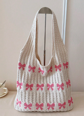 コントラストカラーのファッションクロシェバッグ、大容量の編み込みホーボーバッグ、かわいいハートパターントートバッグ