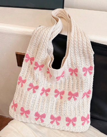 コントラストカラーのファッションクロシェバッグ、大容量の編み込みホーボーバッグ、かわいいハートパターントートバッグ