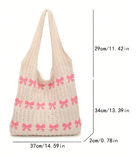 コントラストカラーのファッションクロシェバッグ、大容量の編み込みホーボーバッグ、かわいいハートパターントートバッグ