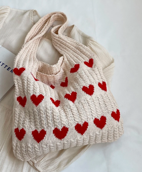 コントラストカラーのファッションクロシェバッグ、大容量の編み込みホーボーバッグ、かわいいハートパターントートバッグ