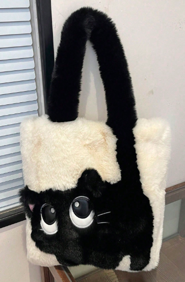 ファッション可愛い猫柄ショルダーバッグ、秋冬ぬいぐるみトートバッグ、カートゥーン カラーコントラスト 大容量斜めがけクロスボディバッグ