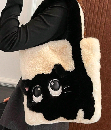 ファッション可愛い猫柄ショルダーバッグ、秋冬ぬいぐるみトートバッグ、カートゥーン カラーコントラスト 大容量斜めがけクロスボディバッグ