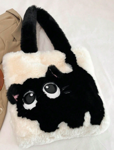 ファッション可愛い猫柄ショルダーバッグ、秋冬ぬいぐるみトートバッグ、カートゥーン カラーコントラスト 大容量斜めがけクロスボディバッグ