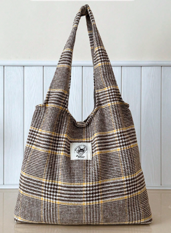 レジャーファッション アカデミックスタイル チェック柄 トートバッグ 大容量 ダブルハンドル