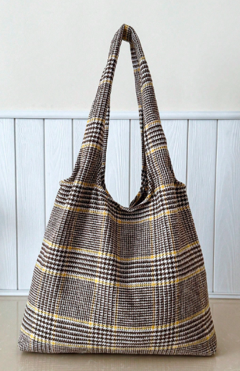 レジャーファッション アカデミックスタイル チェック柄 トートバッグ 大容量 ダブルハンドル